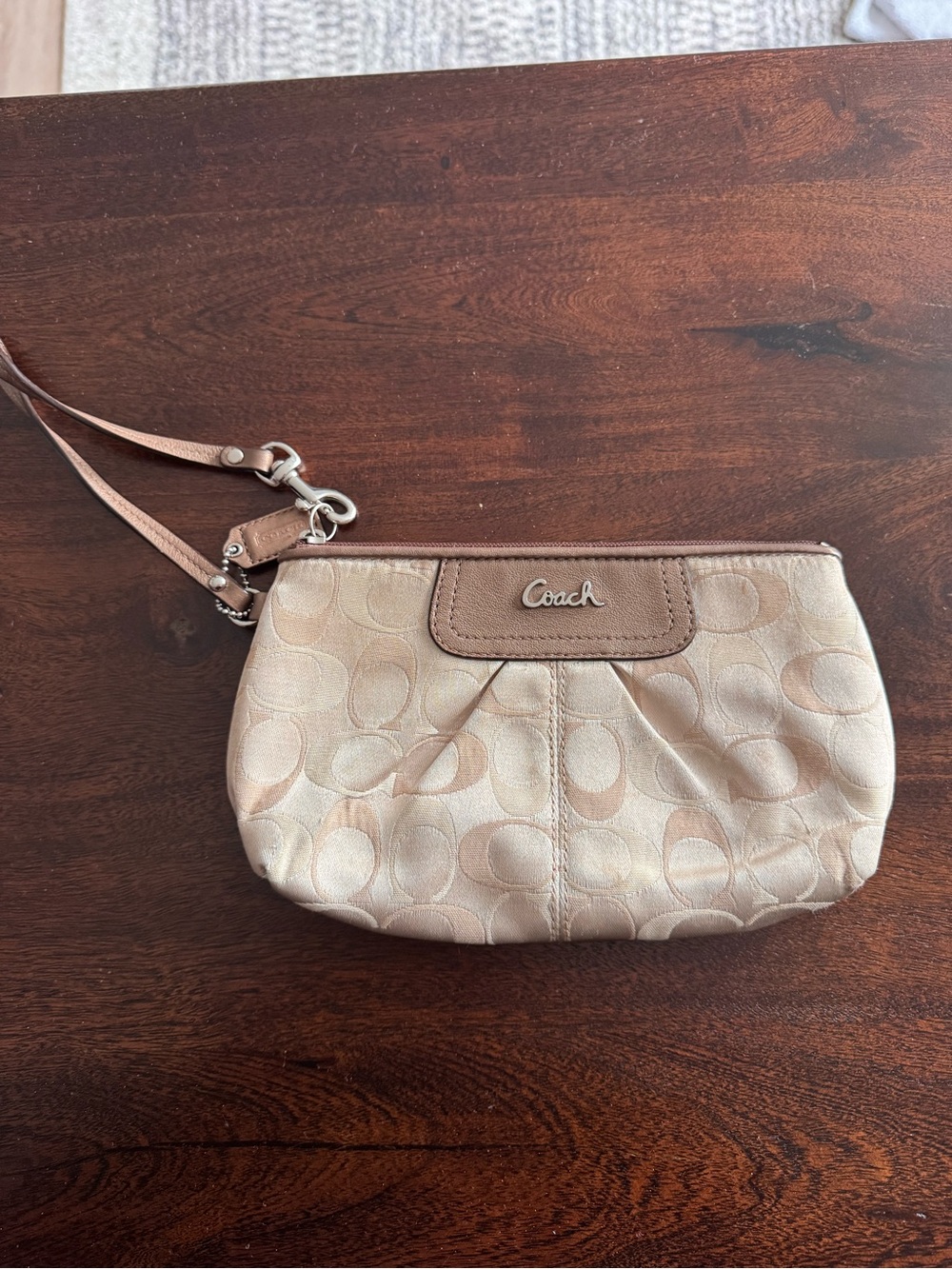 Coach Beige Signature Wristlet with Leather Trim